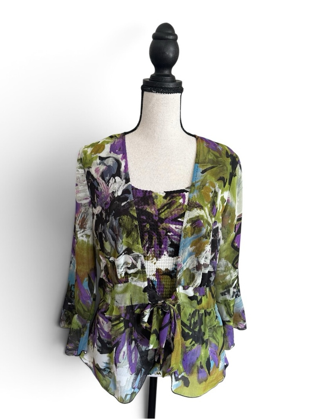 Christopher & Banks Floral Print Tie Front Open Front Blouse Top Size Small